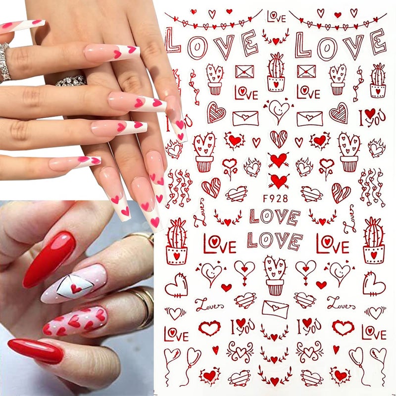 BSBTBZ 8 Sheets Heart Nail Art Stickers - Love Hearts Nail Decals for Women 3D Self Adhesive Valentine’s Day Nail Art Supplies Laser Red Heart Glitter Designs for Valentine’s Romantic DIY Manicure Decoration - Image 3